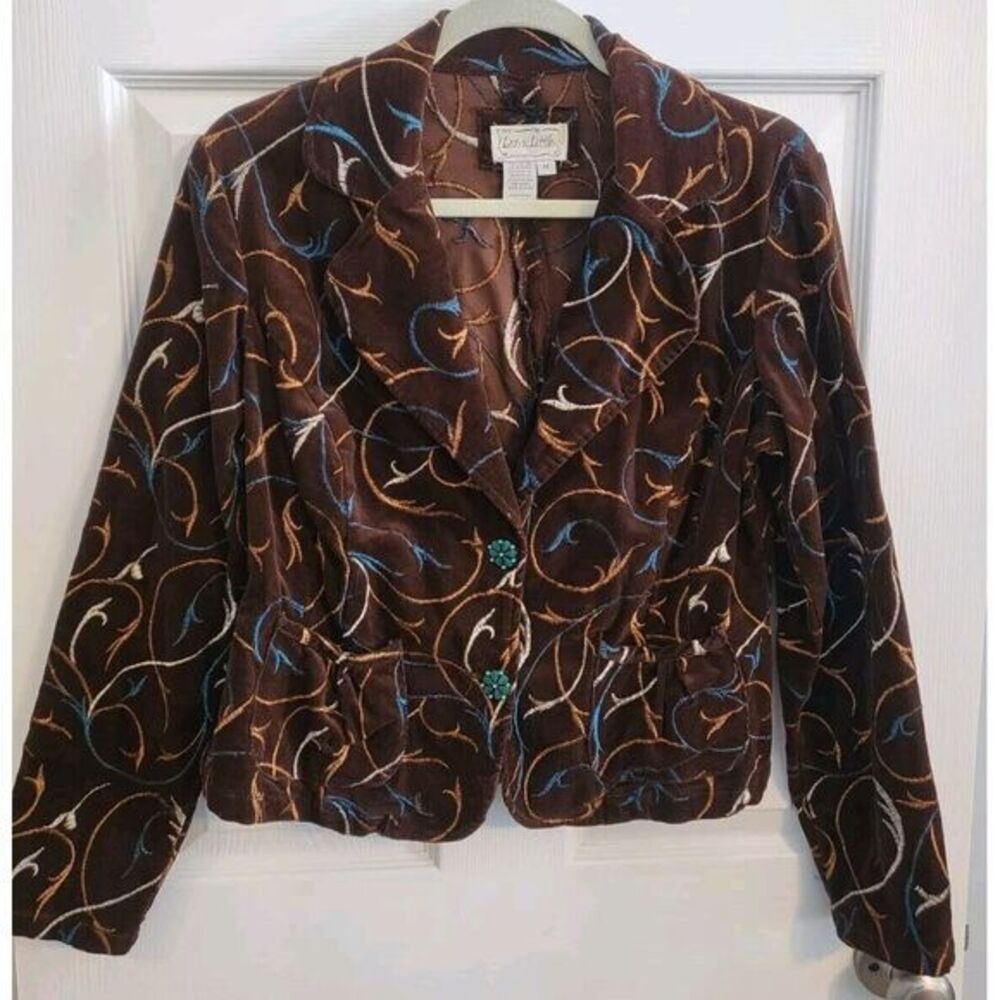 Live a Little Brown Teal‎ Gold Turquoise Button Front Jacket Womens Size Medium